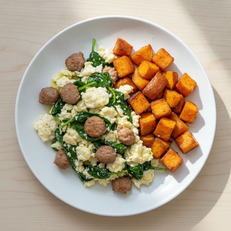 Egg White and Turkey Sausage Scramble with Spinach and Roasted Sweet Potatoes