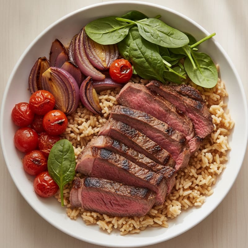 Grilled Steak Bowl with Rice, Roasted Tomatoes, and Red Onion