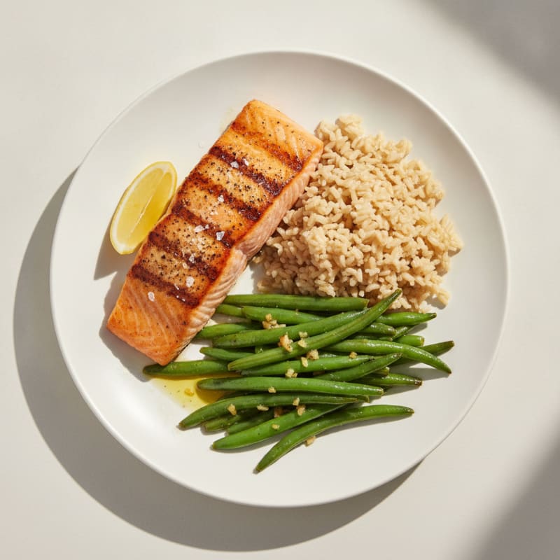Seared Salmon Fillet with Garlic Green Beans and Brown Rice