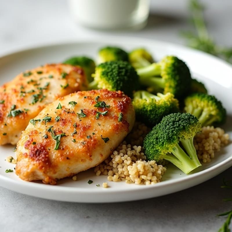 Crispy Lemon Herb Chicken Thighs with Roasted Broccoli and Fluffy Quinoa