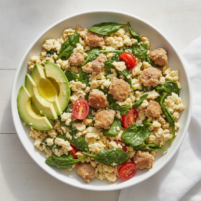 Egg White and Spinach Scramble with Turkey Sausage
