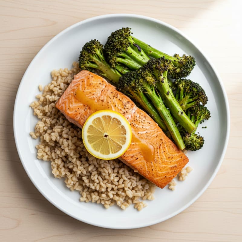 Seared Salmon with Roasted Broccoli and Brown Rice