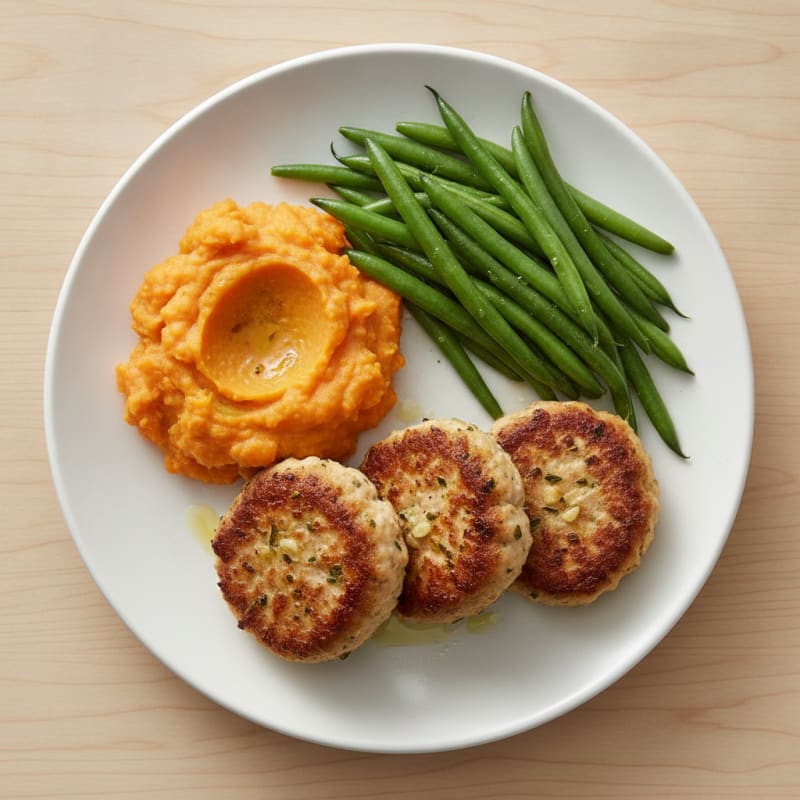 Seared Turkey Patties with Steamed Green Beans and Sweet Potato Mash