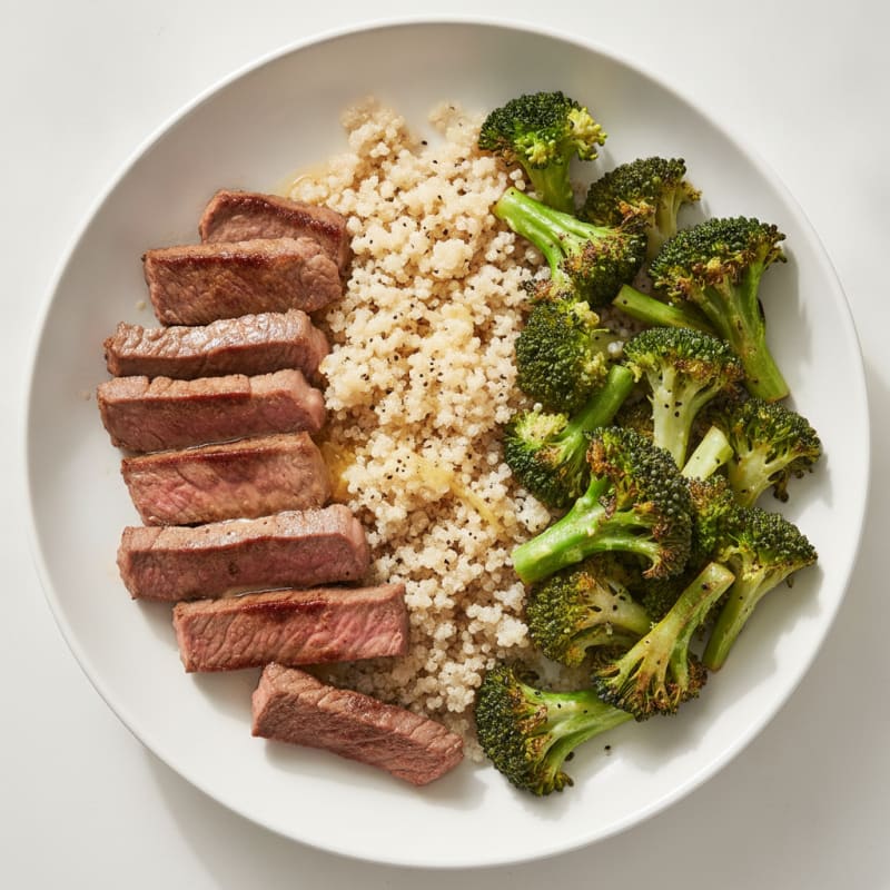 Seared Lean Beef Strips with Roasted Broccoli and Quinoa