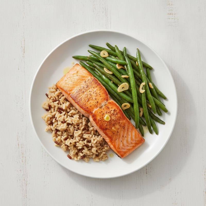 Seared Salmon with Garlic Green Beans and Brown Rice