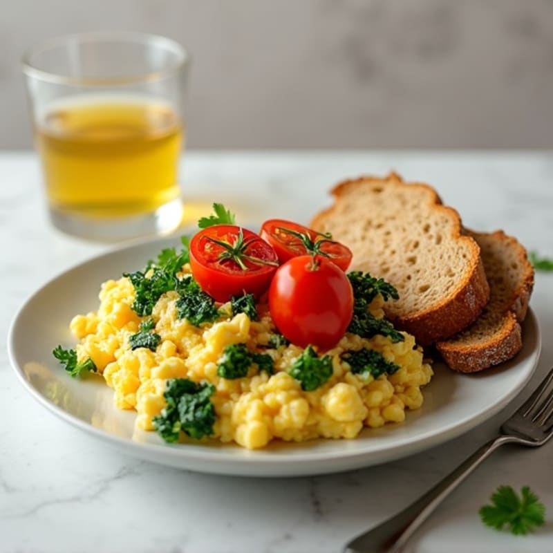 Cottage Cheese Egg White Scramble with Sautéed Spinach and Cherry Tomatoes