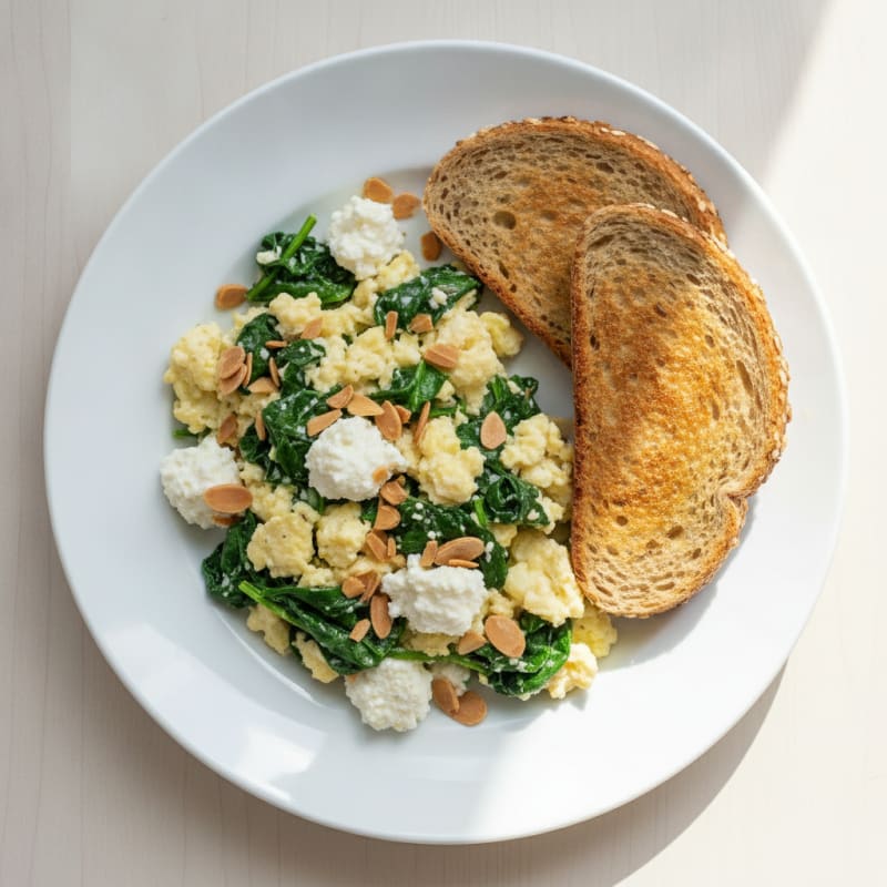 Egg White Spinach Scramble with Cottage Cheese and Toasted Almonds