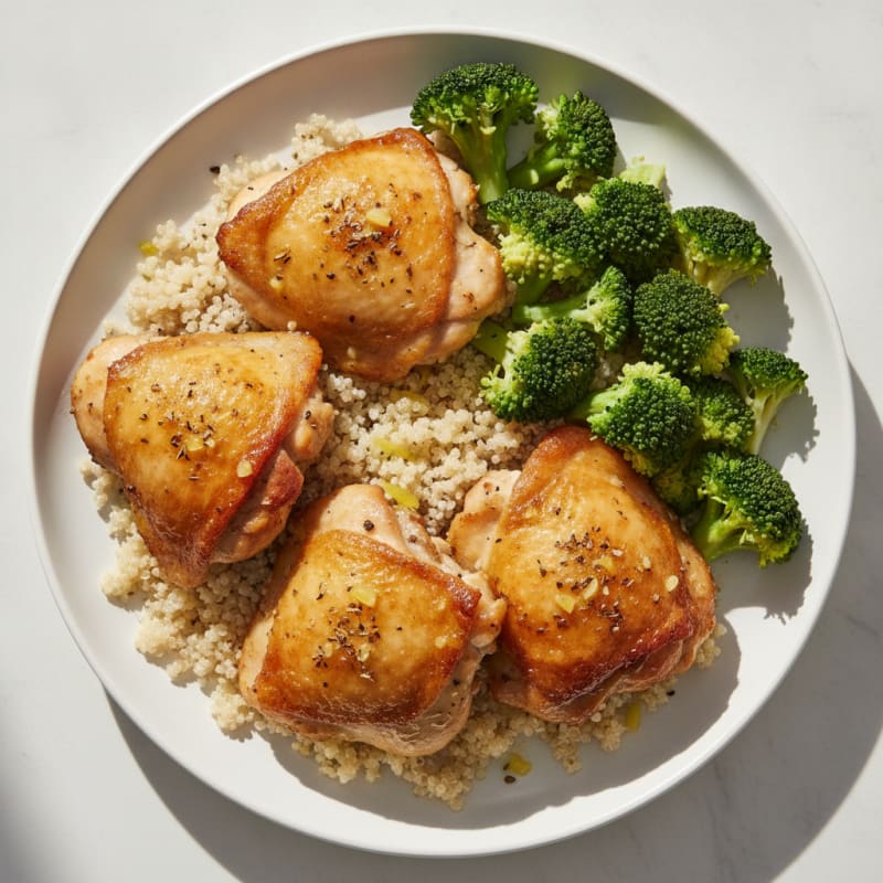 Roasted Chicken Thighs with Steamed Broccoli and Quinoa