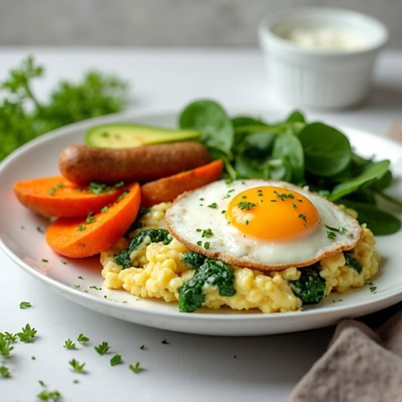 Egg White Spinach Scramble with Turkey Sausage and Roasted Sweet Potatoes