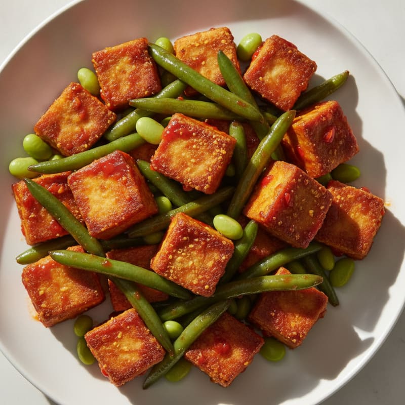 Sweet Chili Tofu with Garlic Green Beans