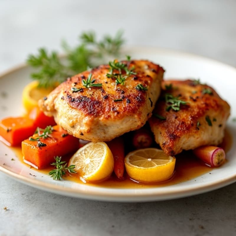 Crispy Lemon Herb Roasted Chicken Thighs with Roasted Root Vegetables