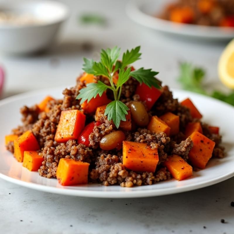 Hearty Ground Beef and Roasted Sweet Potato Hash