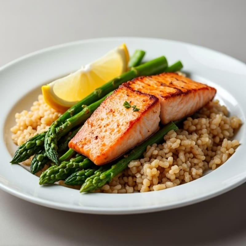 Seared Salmon with Steamed Asparagus and Lemon-Garlic Brown Rice