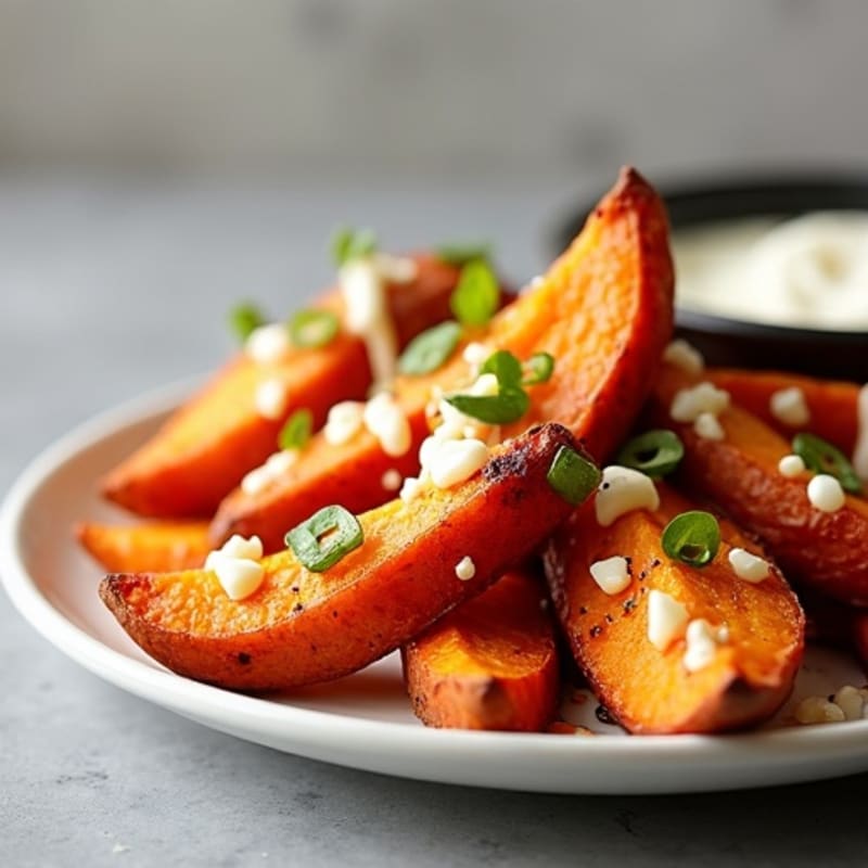 Crispy Roasted Sweet Potato Fries with Lean Bacon and Creamy Cheesy Drizzle
