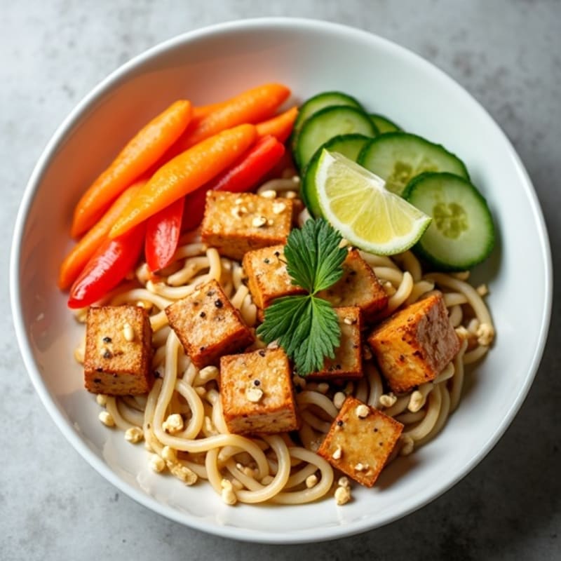 Creamy Thai Peanut Noodles with Crispy Tofu and Fresh Vegetables