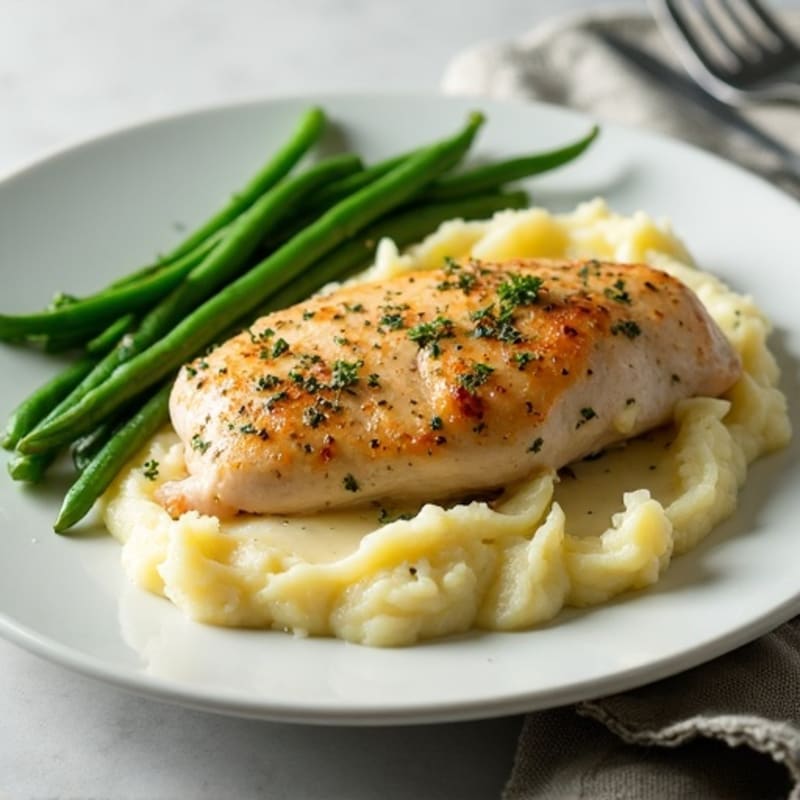 Garlic Herb Roasted Chicken with Creamy Buttery Mashed Potatoes and Tender Green Beans
