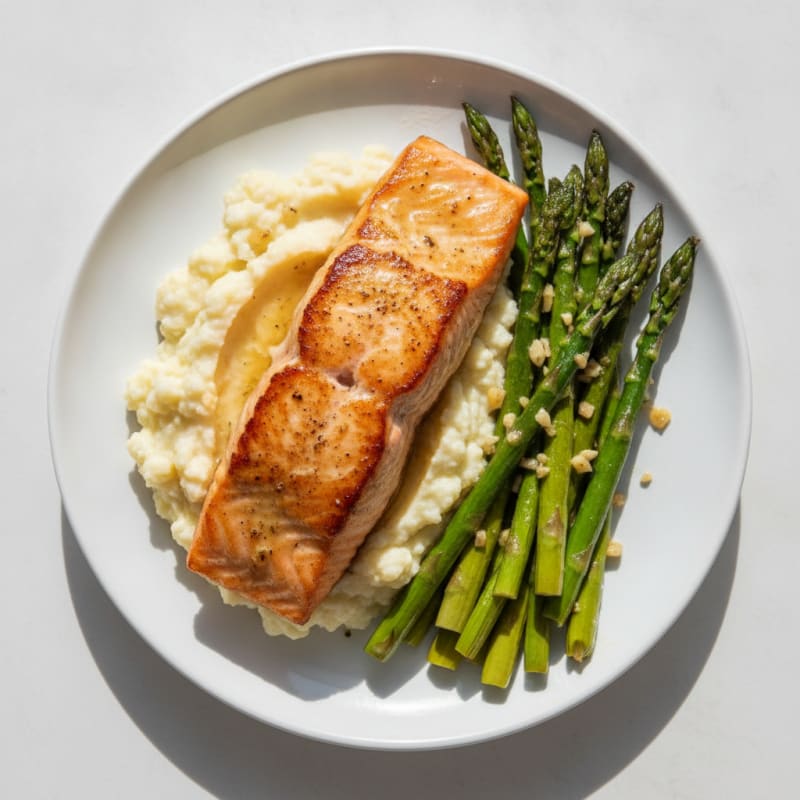 Seared Salmon with Roasted Asparagus and Cauliflower Mash