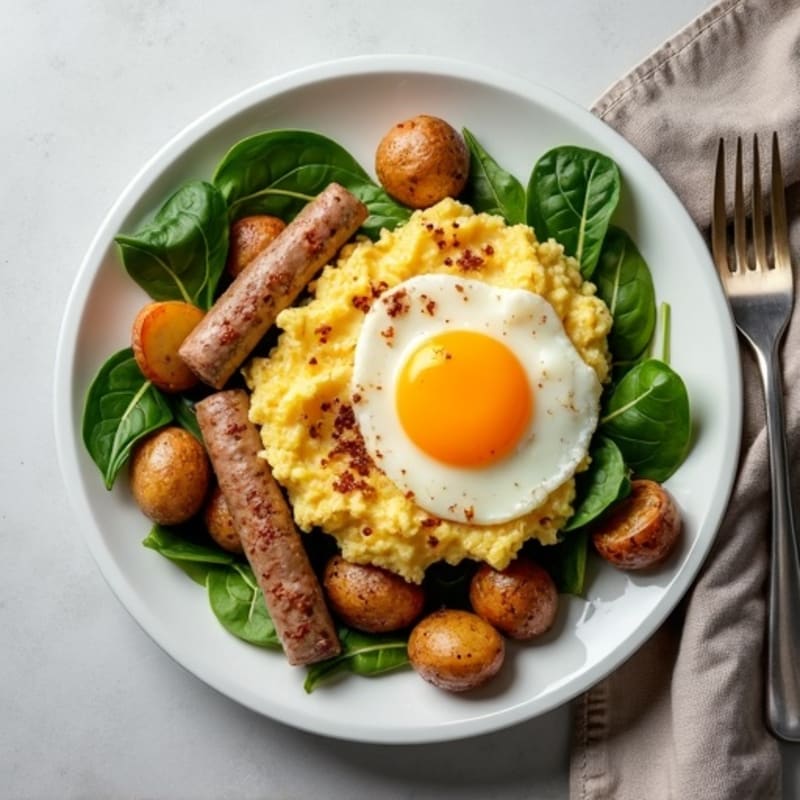Egg White and Turkey Sausage Scramble with Roasted Potatoes and Spinach