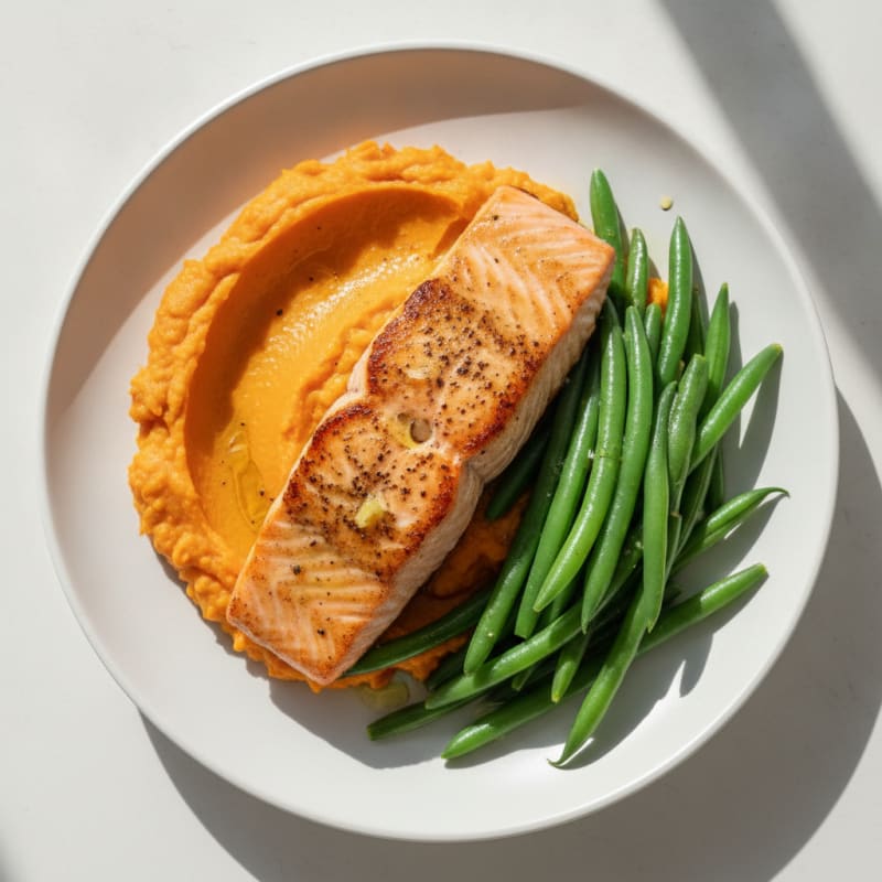 Pan-Seared Salmon with Steamed Green Beans and Sweet Potato Mash