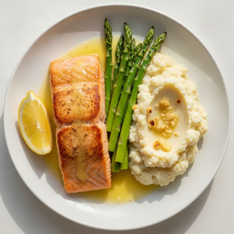 Seared Salmon with Steamed Asparagus and Garlic Mashed Cauliflower