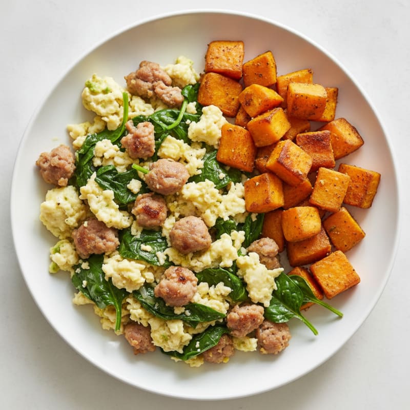 Egg White and Turkey Sausage Scramble with Spinach and Roasted Sweet Potato