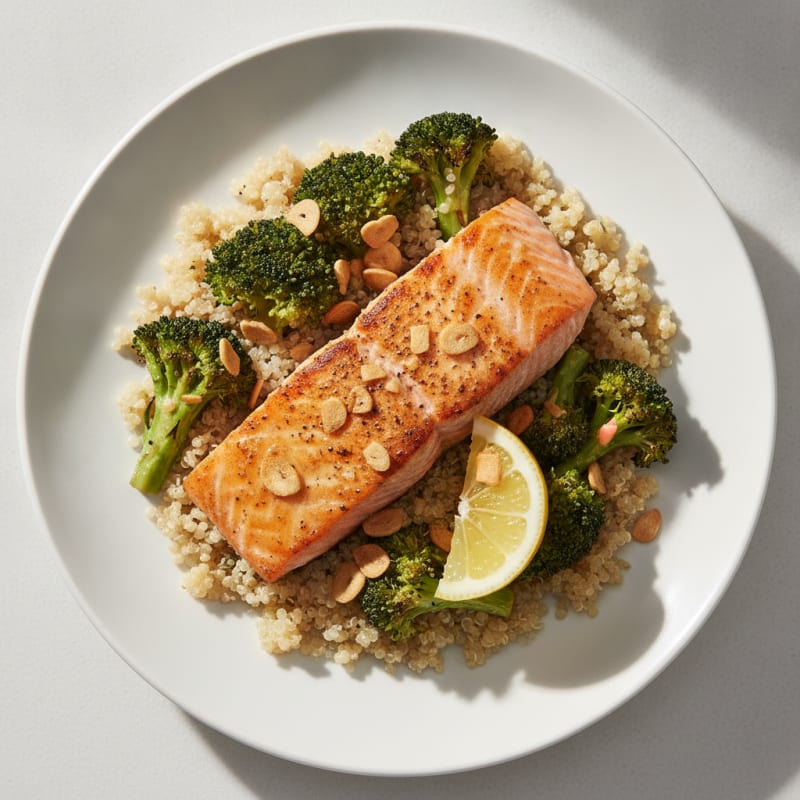 Seared Salmon Fillet with Roasted Broccoli and Quinoa