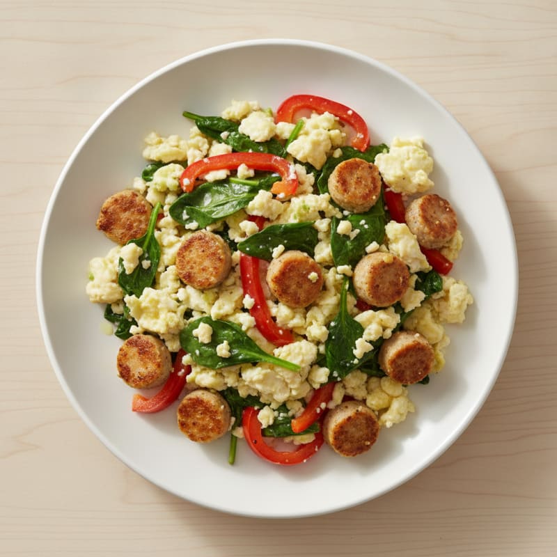 Egg White Scramble with Chicken Sausage and Sautéed Spinach