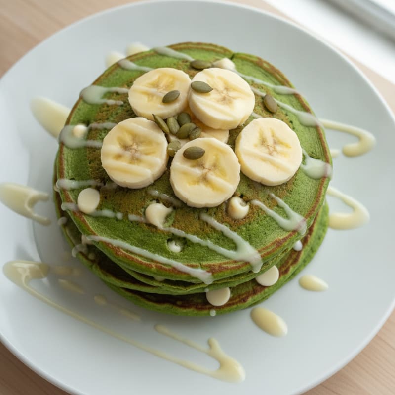 Matcha White Chocolate Chip Pancakes with Bananas