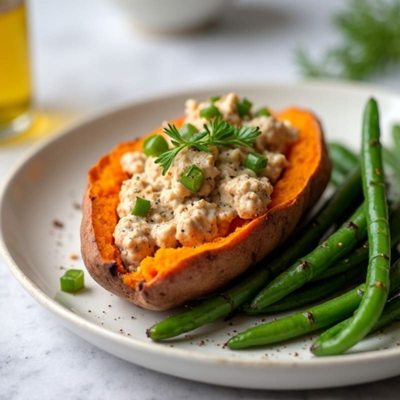 Creamy Sweet Potato Stuffed with Lean Ground Turkey and Roasted Green Beans