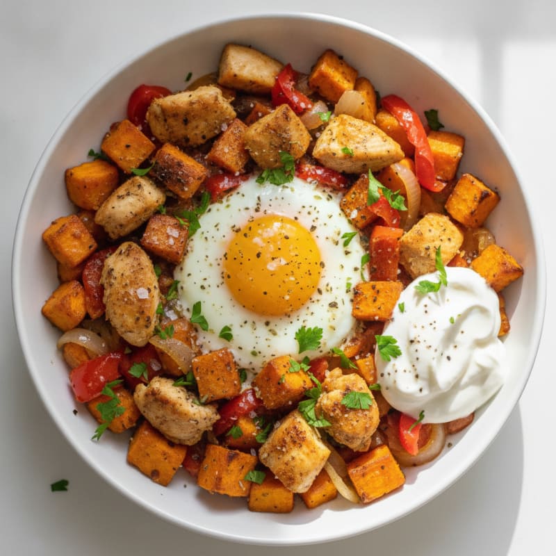 Mediterranean Baked Eggs with Chicken and Sweet Potato