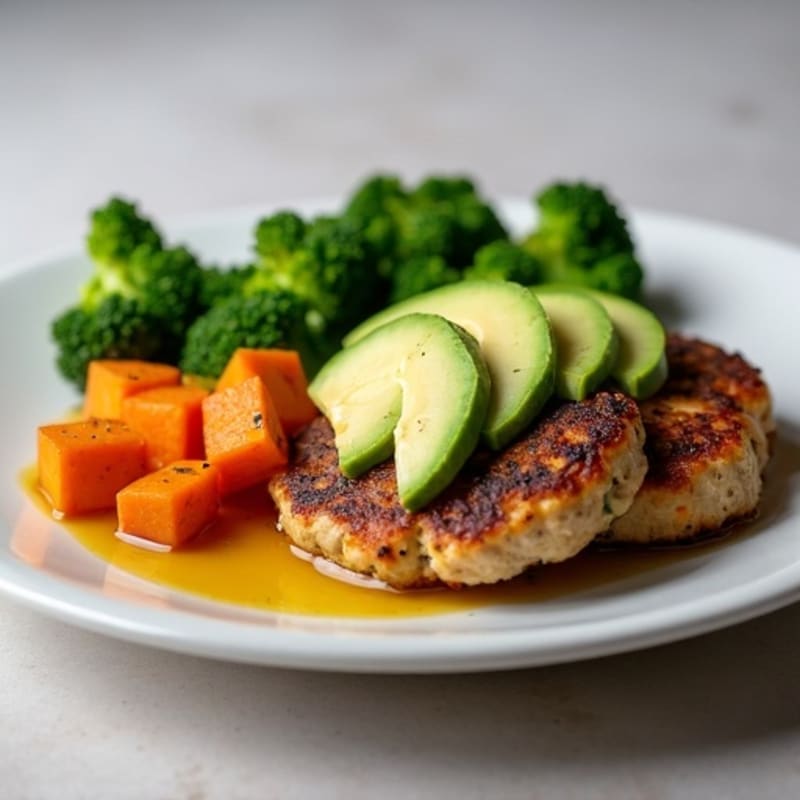 Seared Turkey Patties with Roasted Sweet Potato and Steamed Broccoli