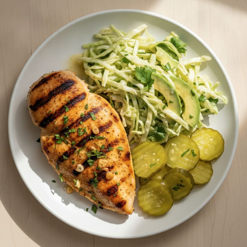 Grilled Chicken Breast with Cabbage Slaw and Pickles