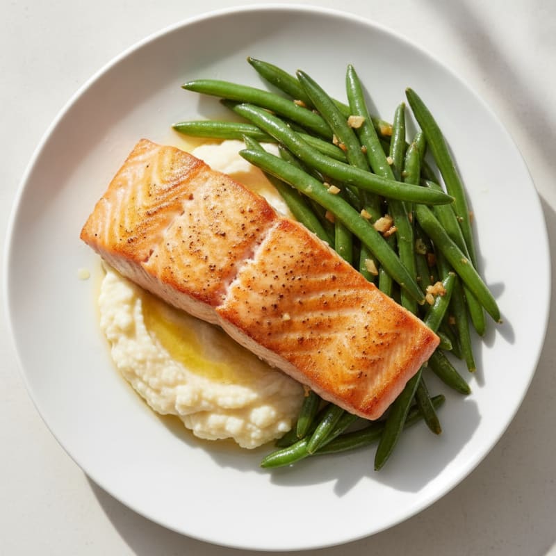 Seared Salmon with Garlic Green Beans and Cauliflower Mash
