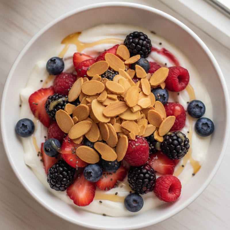Greek Yogurt Protein Parfait with Mixed Berries and Almonds