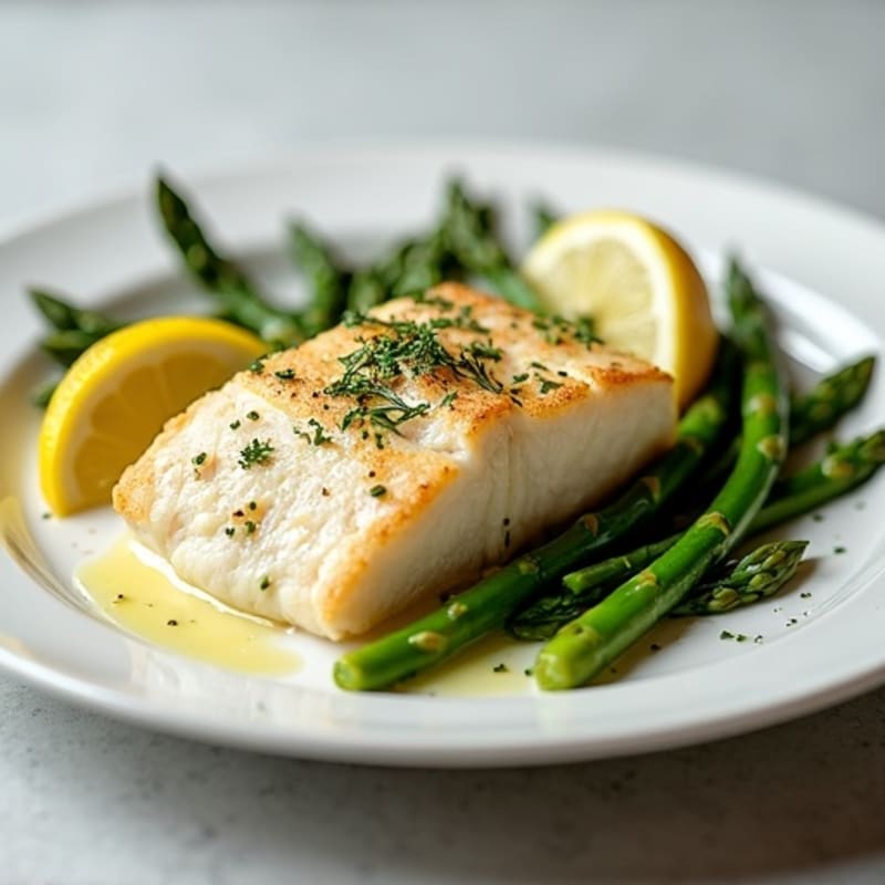 Flaky Baked Cod with Roasted Asparagus and Lemon-Dill Sauce