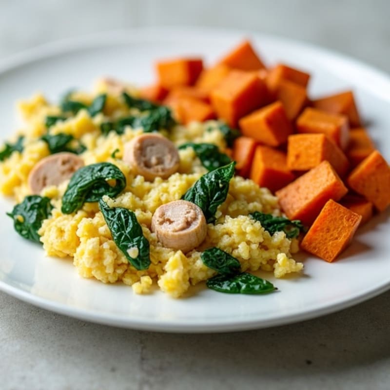 Egg White and Turkey Spinach Scramble with Roasted Sweet Potato