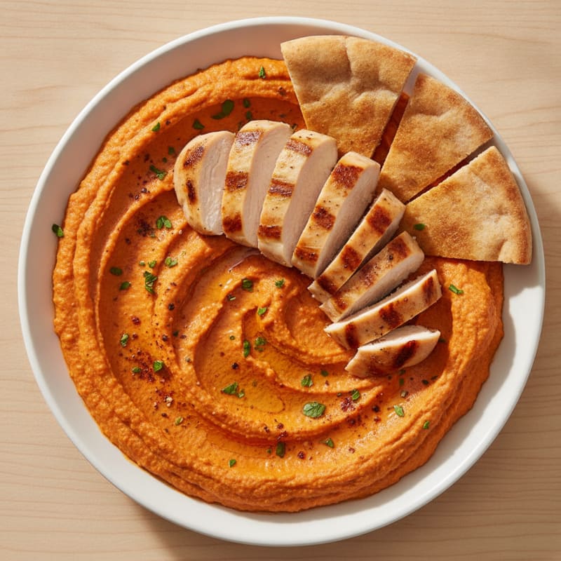 Roasted Red Pepper Hummus with Toasted Pita and Grilled Chicken