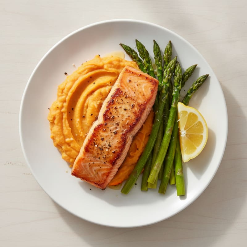 Seared Salmon with Roasted Asparagus and Sweet Potato Mash