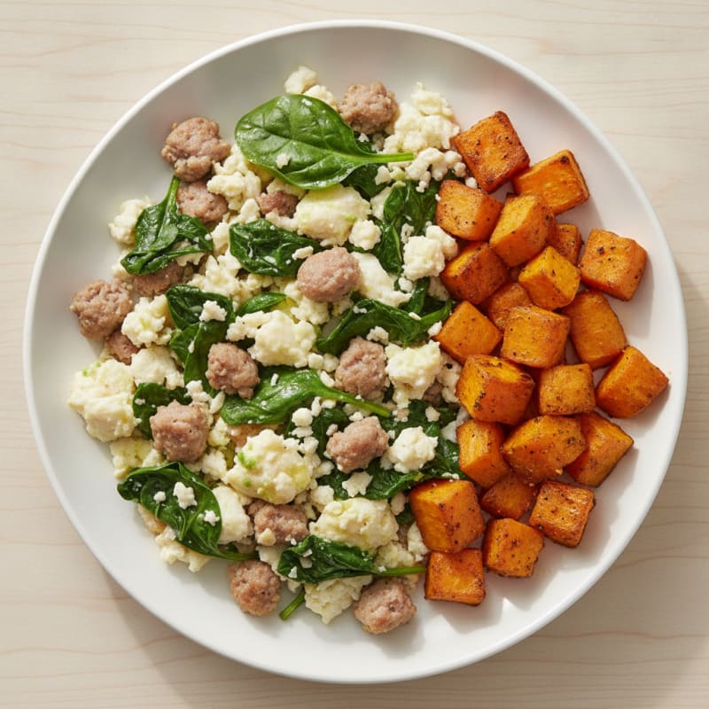 Egg White and Turkey Sausage Scramble with Spinach and Roasted Sweet Potato