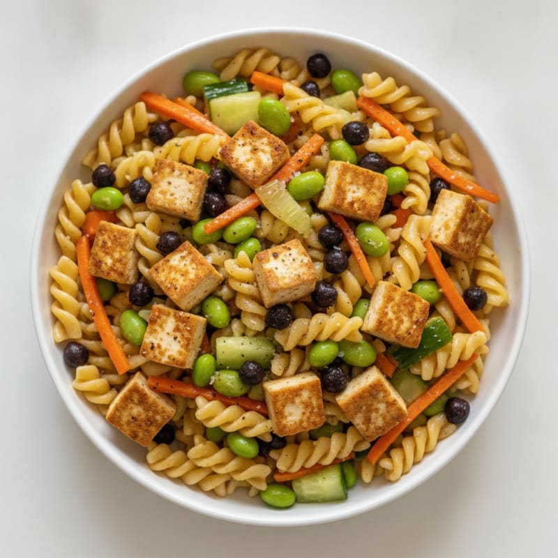 Tofu Edamame Pasta Salad with Black Chickpeas