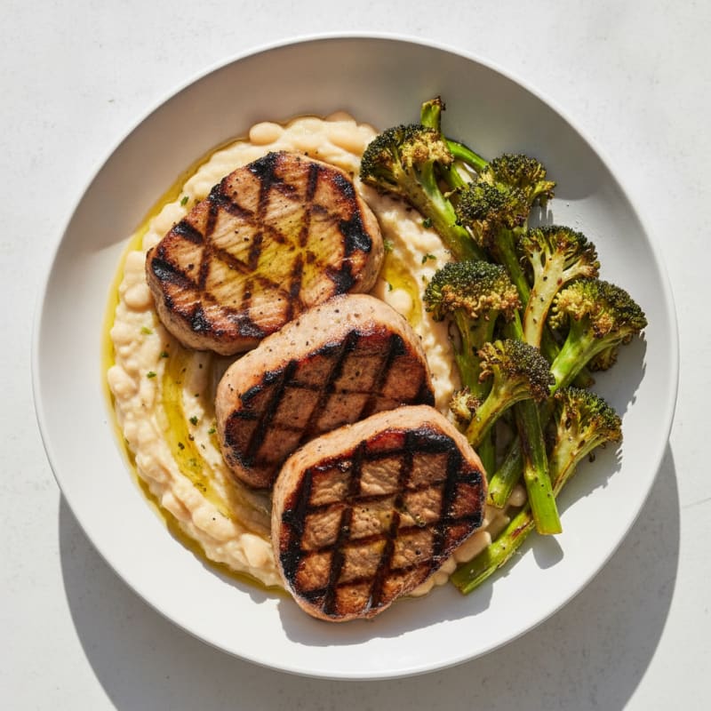 Grilled Seitan Steaks with Roasted Broccoli and White Bean Mash