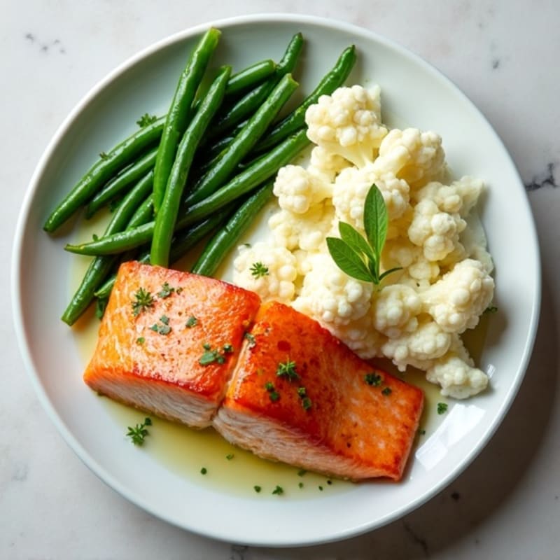 Seared Salmon Fillet with Steamed Green Beans and Garlic Cauliflower Mash