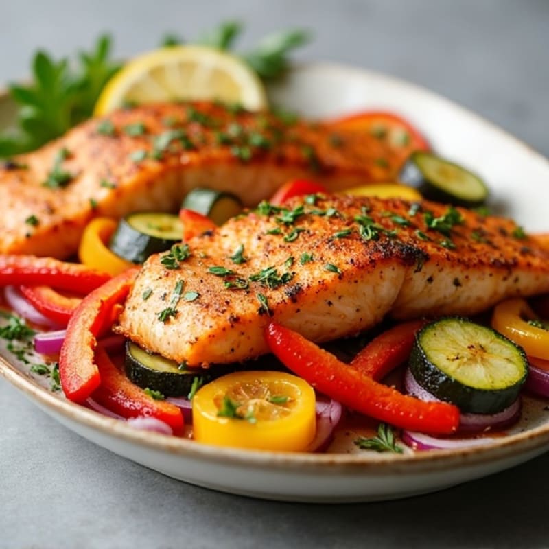 Crispy Sheet Pan Herb-Roasted Salmon with Rainbow Vegetables