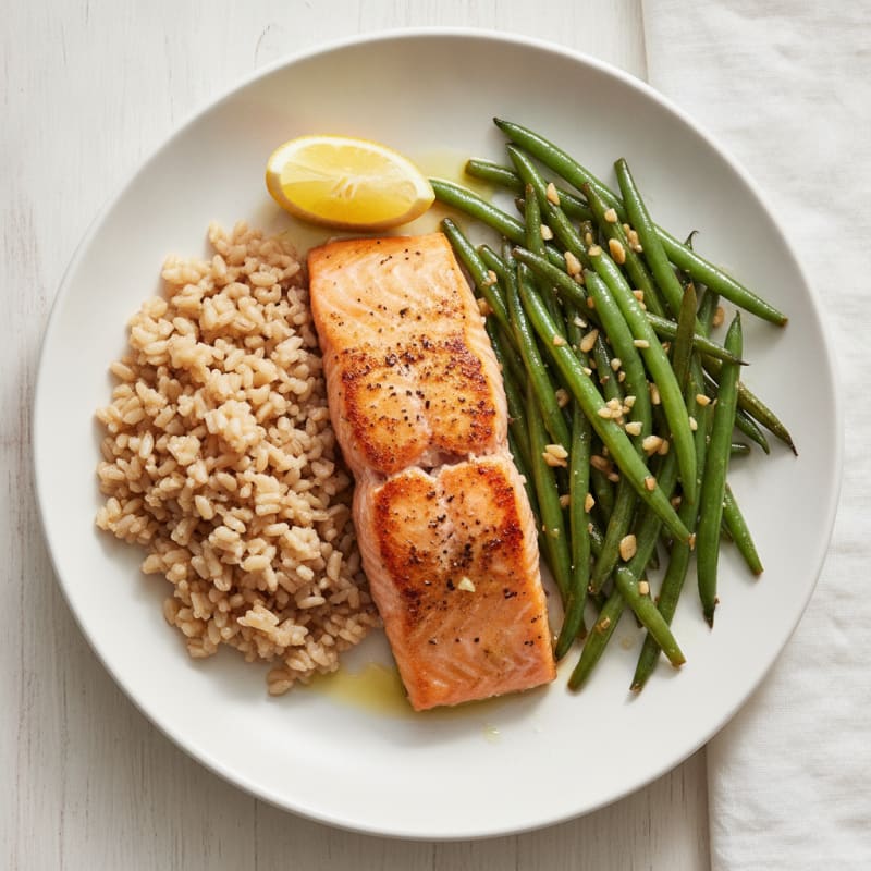 Seared Salmon Fillet with Garlic Green Beans and Brown Rice