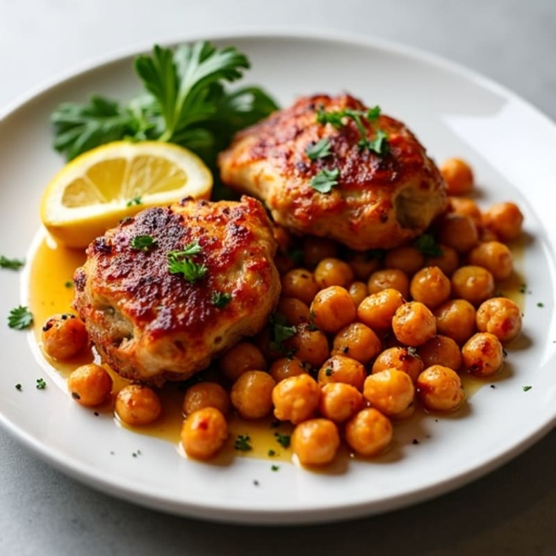Harissa Roasted Chicken Thighs with Crispy Chickpeas and Fresh Herbs