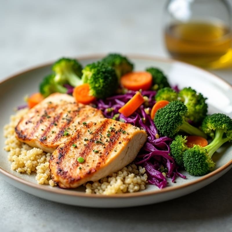 Grilled Chicken Breast with Quinoa and Crunchy Broccoli Slaw