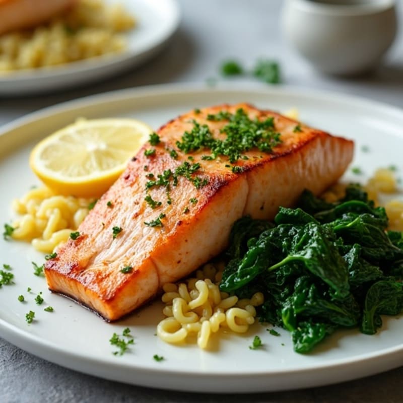 Flaky Pan-Seared Salmon with Garlic Spinach and Lemon Orzo