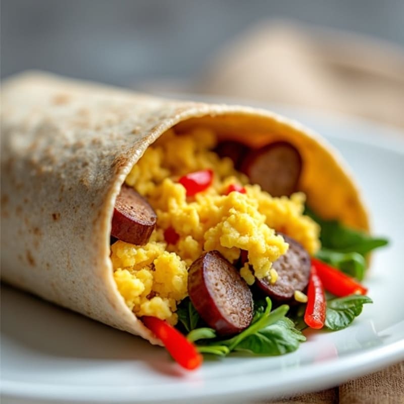 Hearty Scrambled Egg and Turkey Sausage Breakfast Burrito with Sautéed Greens and Peppers
