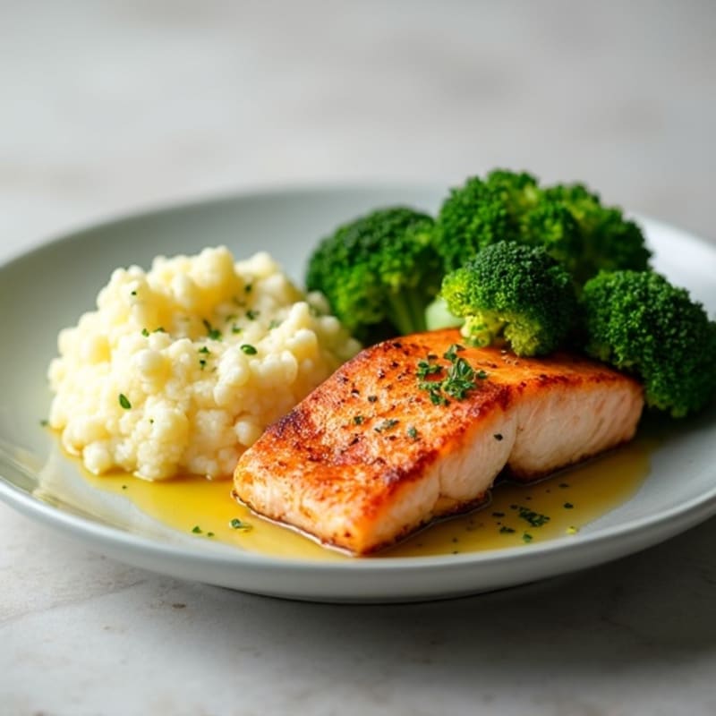 Seared Salmon with Steamed Broccoli and Garlic Cauliflower Mash