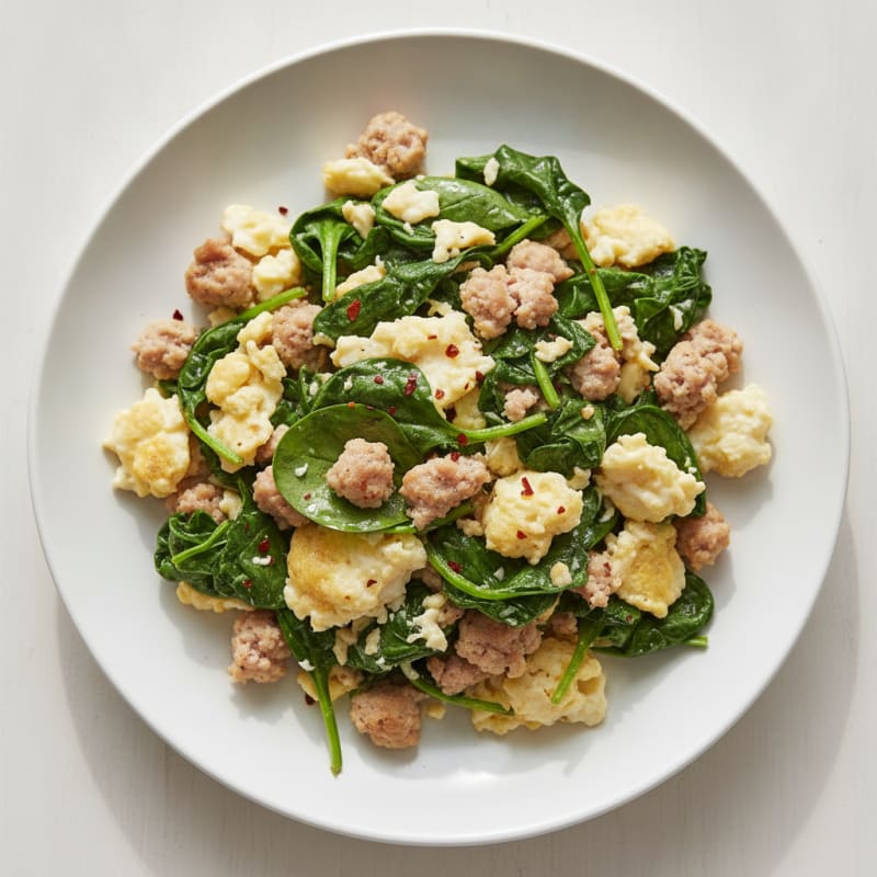 Egg White and Turkey Sausage Scramble with Sautéed Spinach